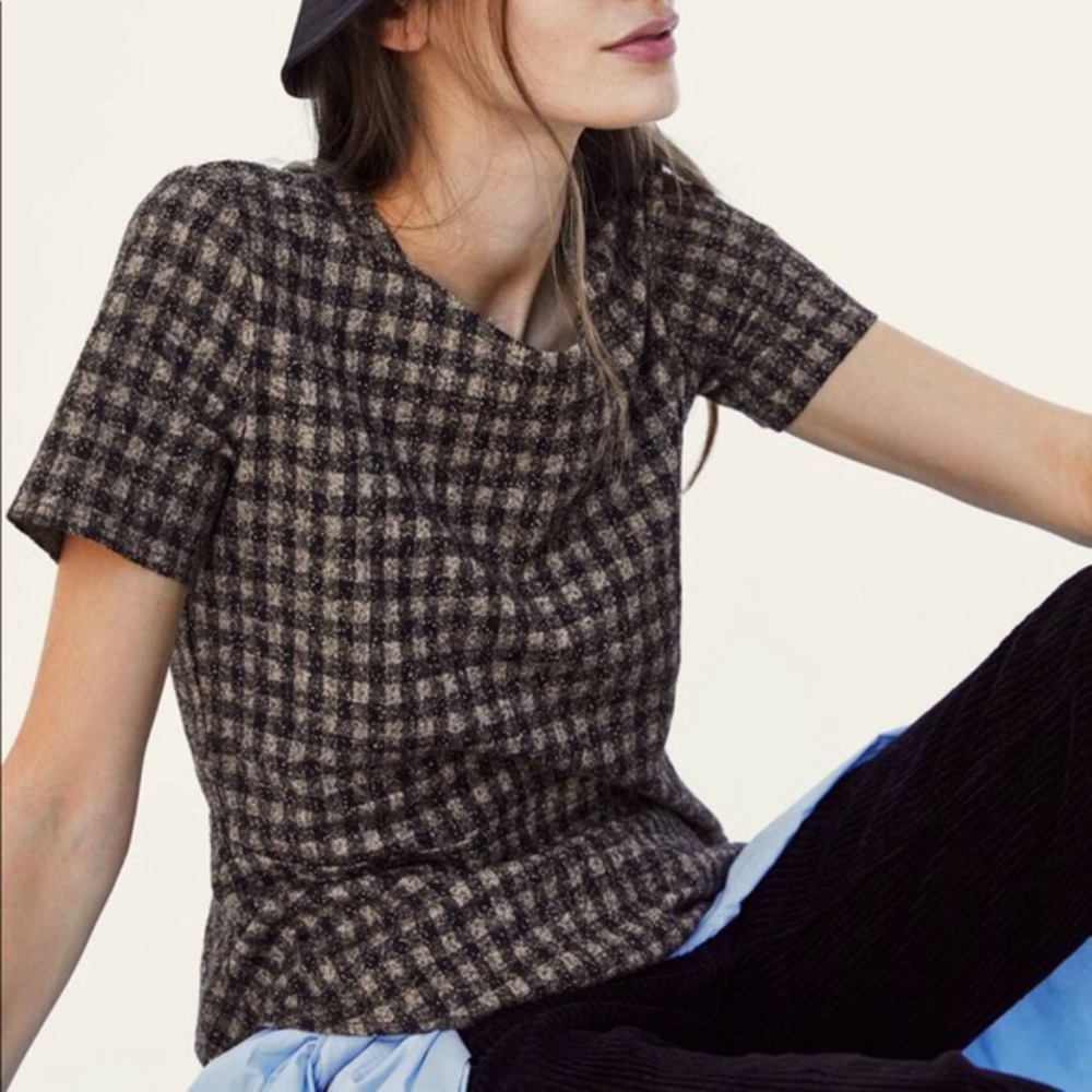 Zara Brown Plaid Peplum Blouse Size Small